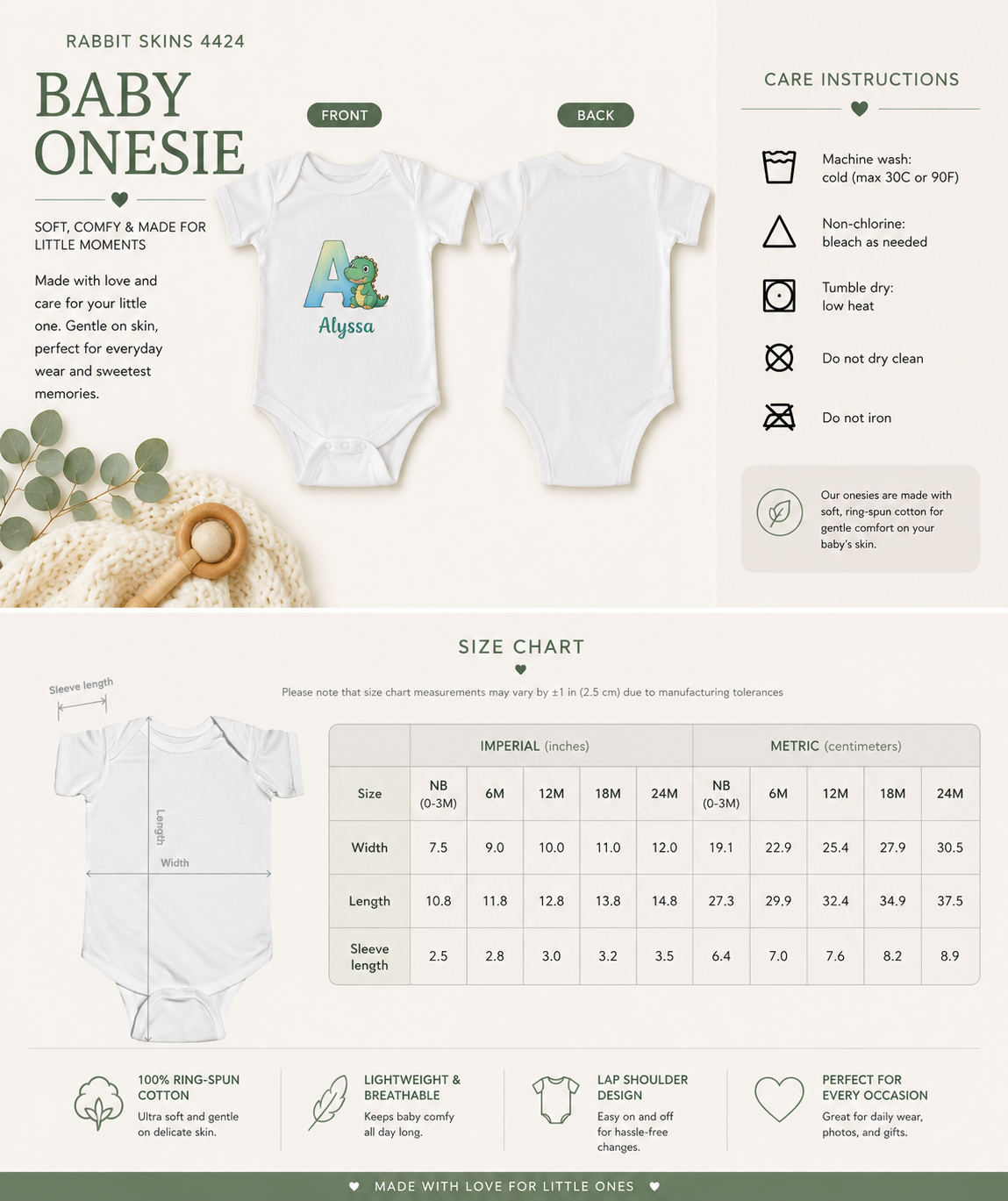 Baby bodysuit with A initial and alligator – size guide newborn to 18 months