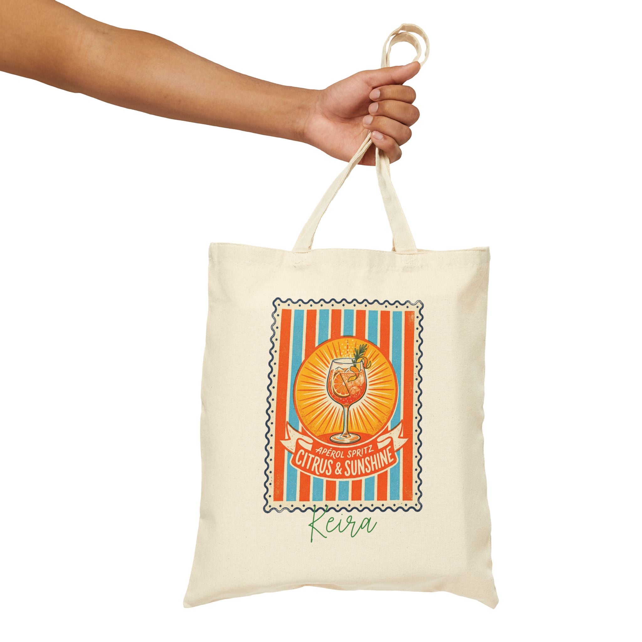 Personalized Aperol spritz canvas tote bag styled in a home setting