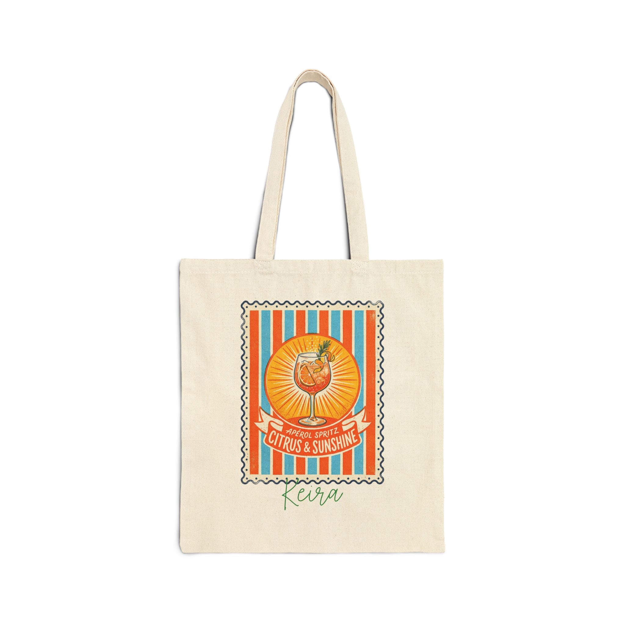 Personalized Aperol spritz canvas tote bag with custom name, citrus and sunshine sunburst design