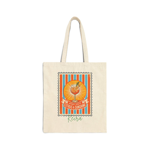 Personalized Aperol spritz canvas tote bag with custom name, citrus and sunshine sunburst design