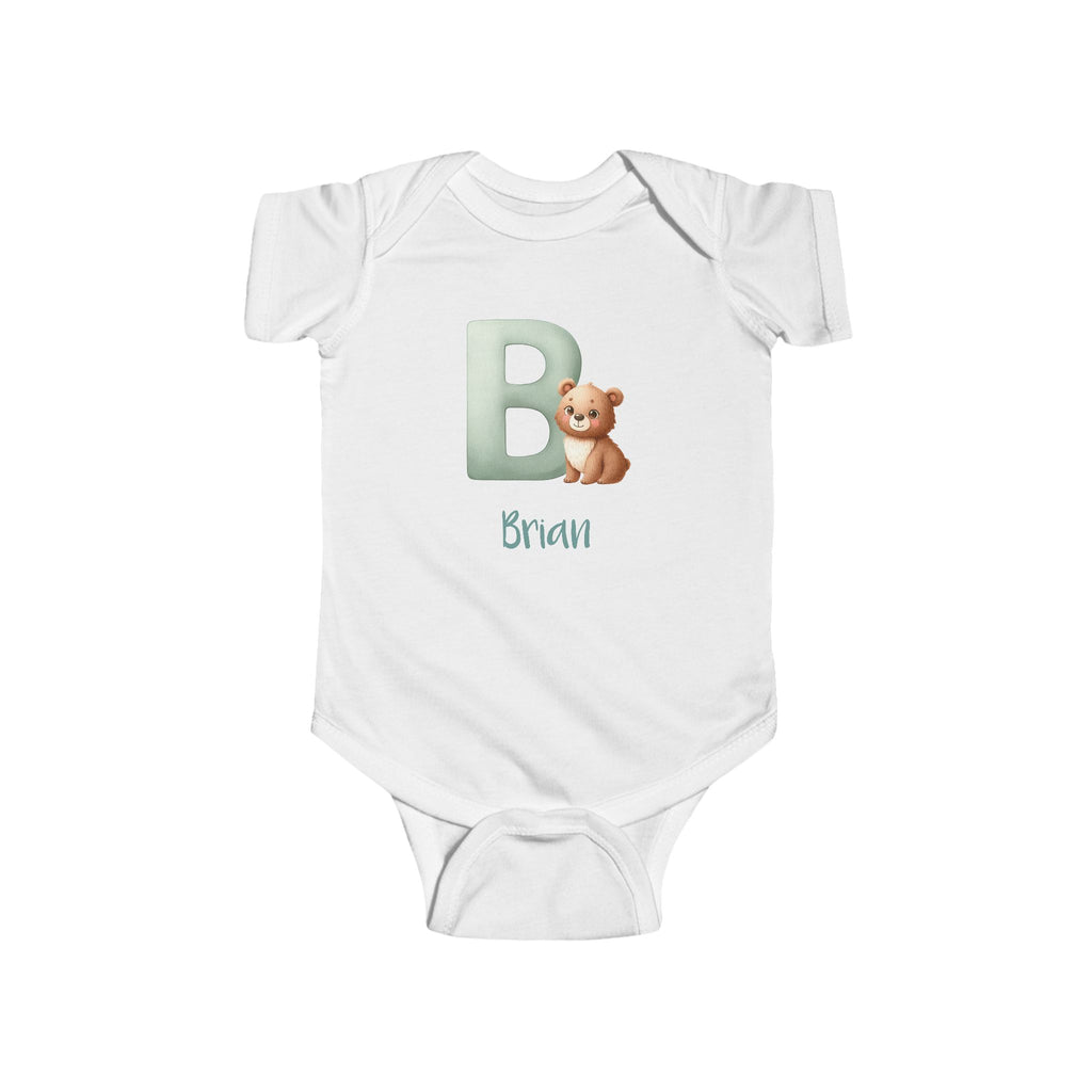 Personalized B baby bodysuit with bear – white cotton onesie with custom name