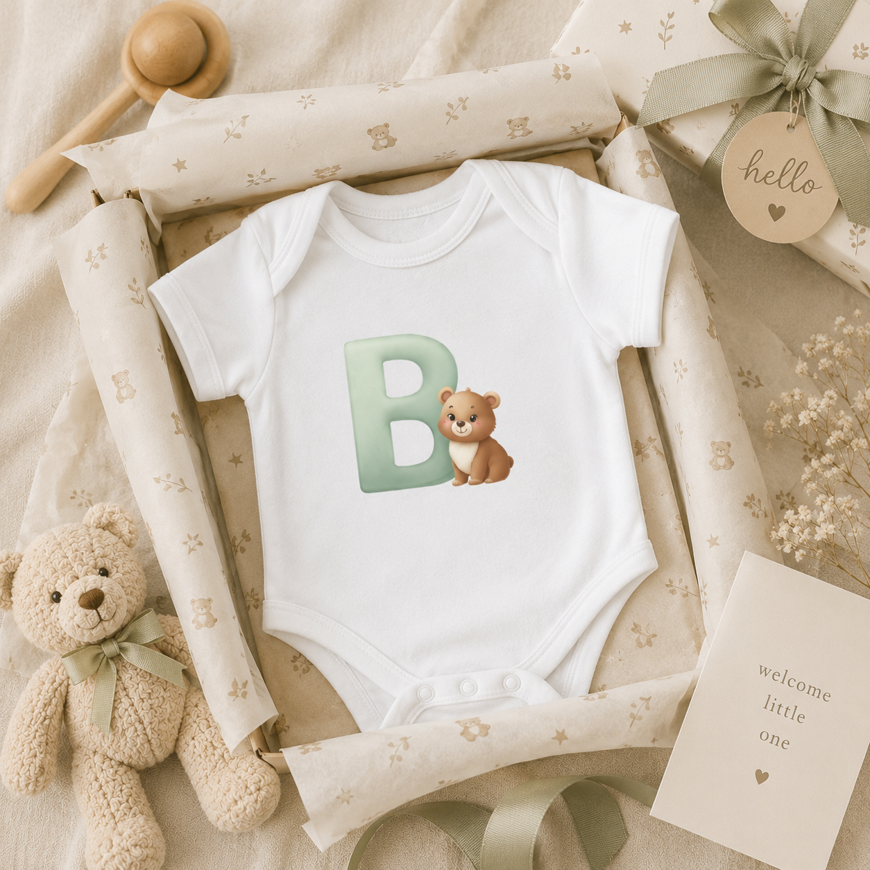 Close-up of B initial and bear design on baby bodysuit