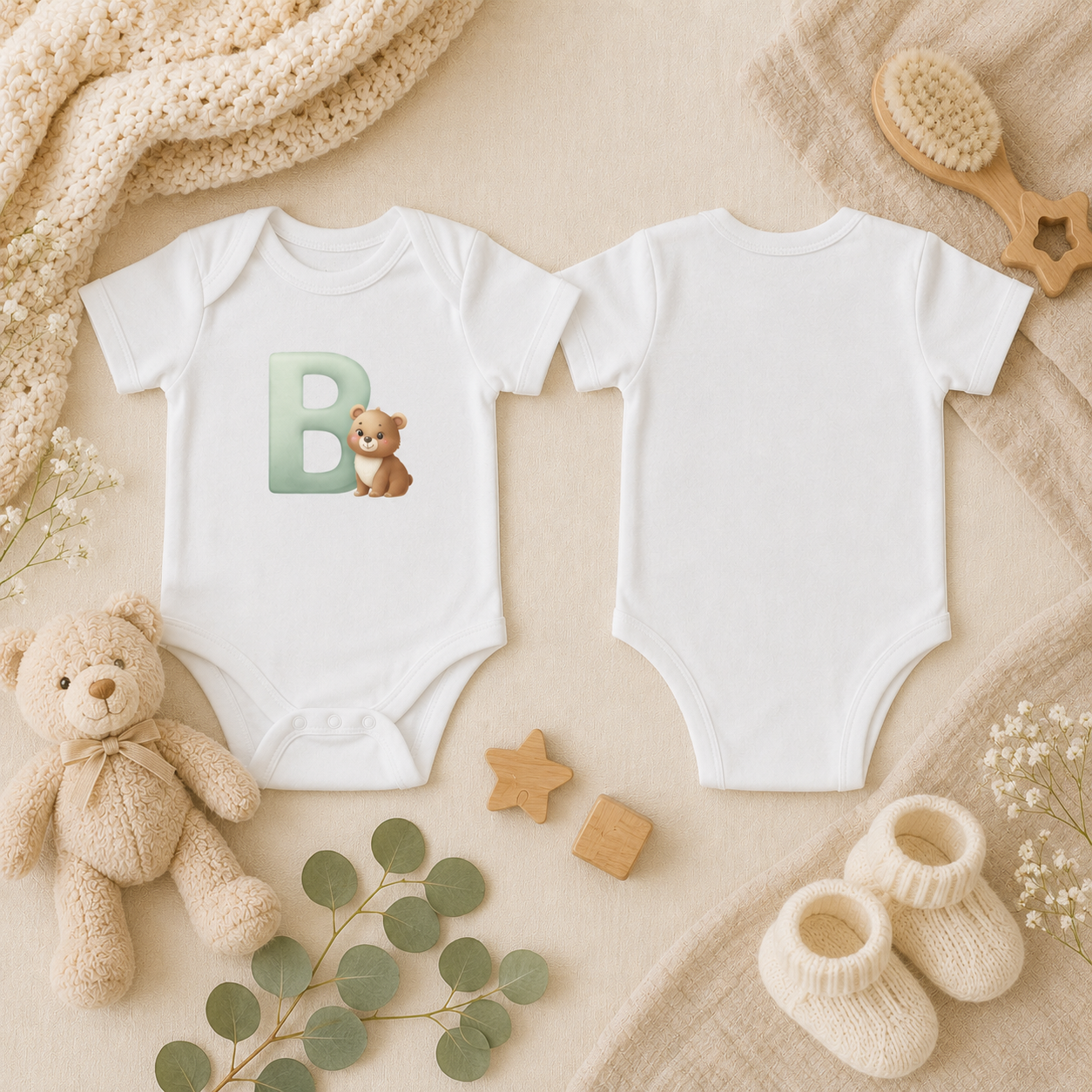 Personalized B onesie with bear – lifestyle photo