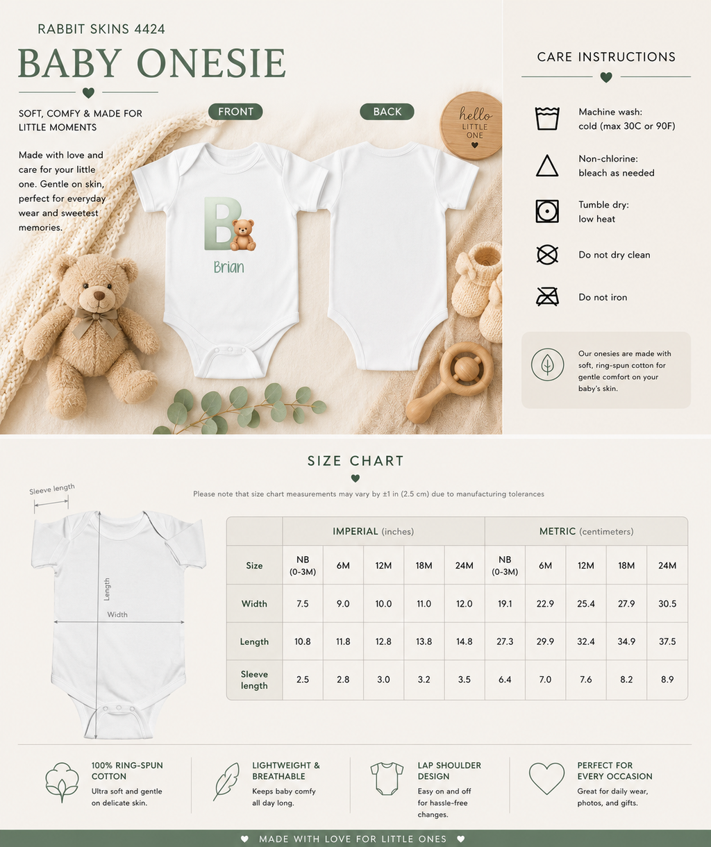 Baby bodysuit with B initial and bear – size guide newborn to 18 months