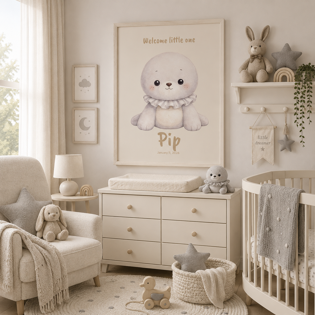 Close-up of baby seal poster showing personalized name and birth date