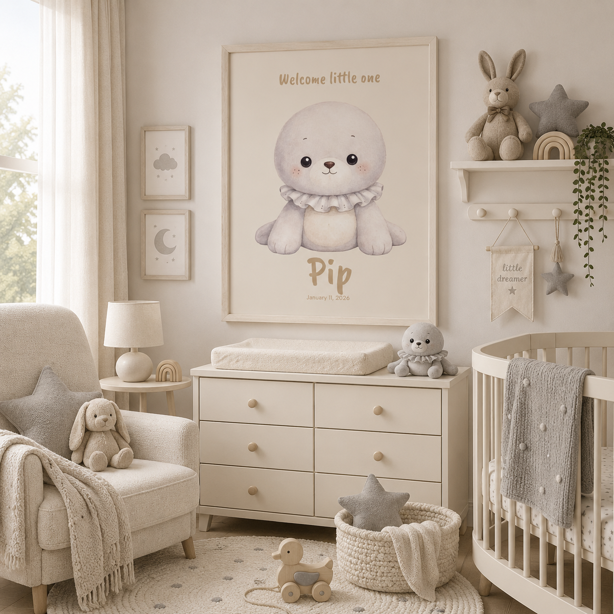 Close-up of baby seal poster showing personalized name and birth date