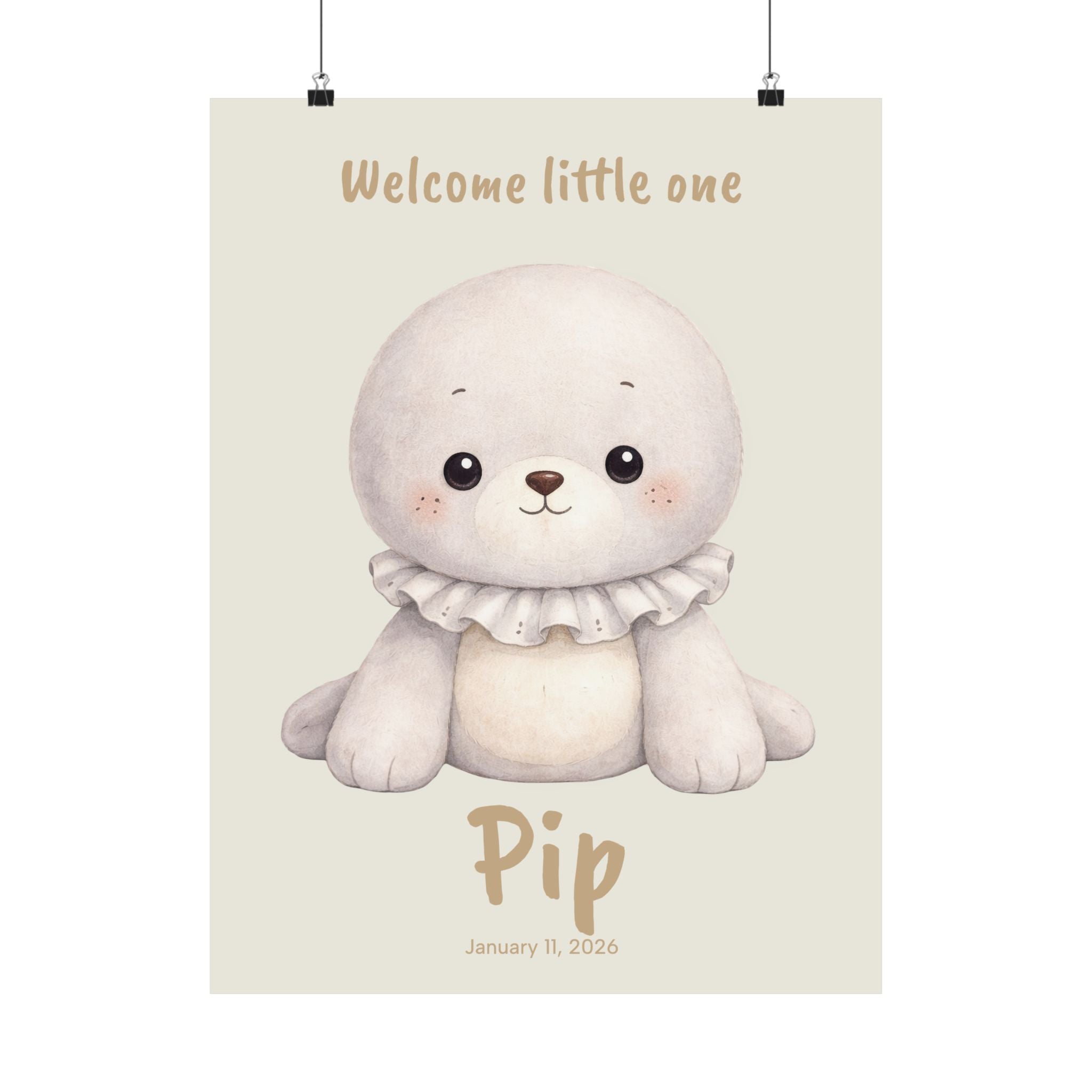 Personalized baby seal with ruffle collar nursery poster, custom baby name and birth date