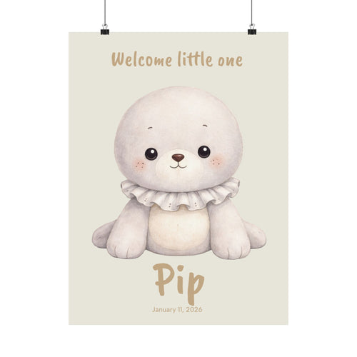 Personalized baby seal with ruffle collar nursery poster, custom baby name and birth date