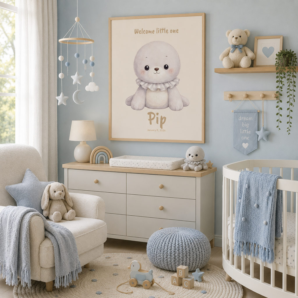 Soft grey baby seal baby name poster in nursery room