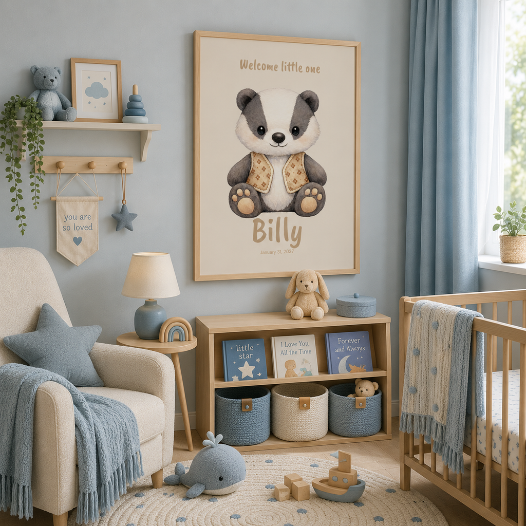 Close-up of badger nursery poster showing personalized name and birth date