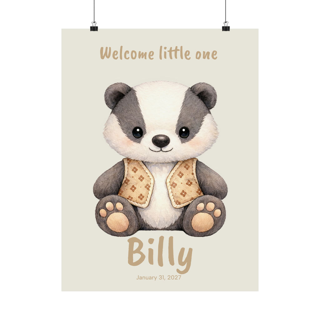 Personalized badger with patterned vest nursery poster, custom baby name and birth date