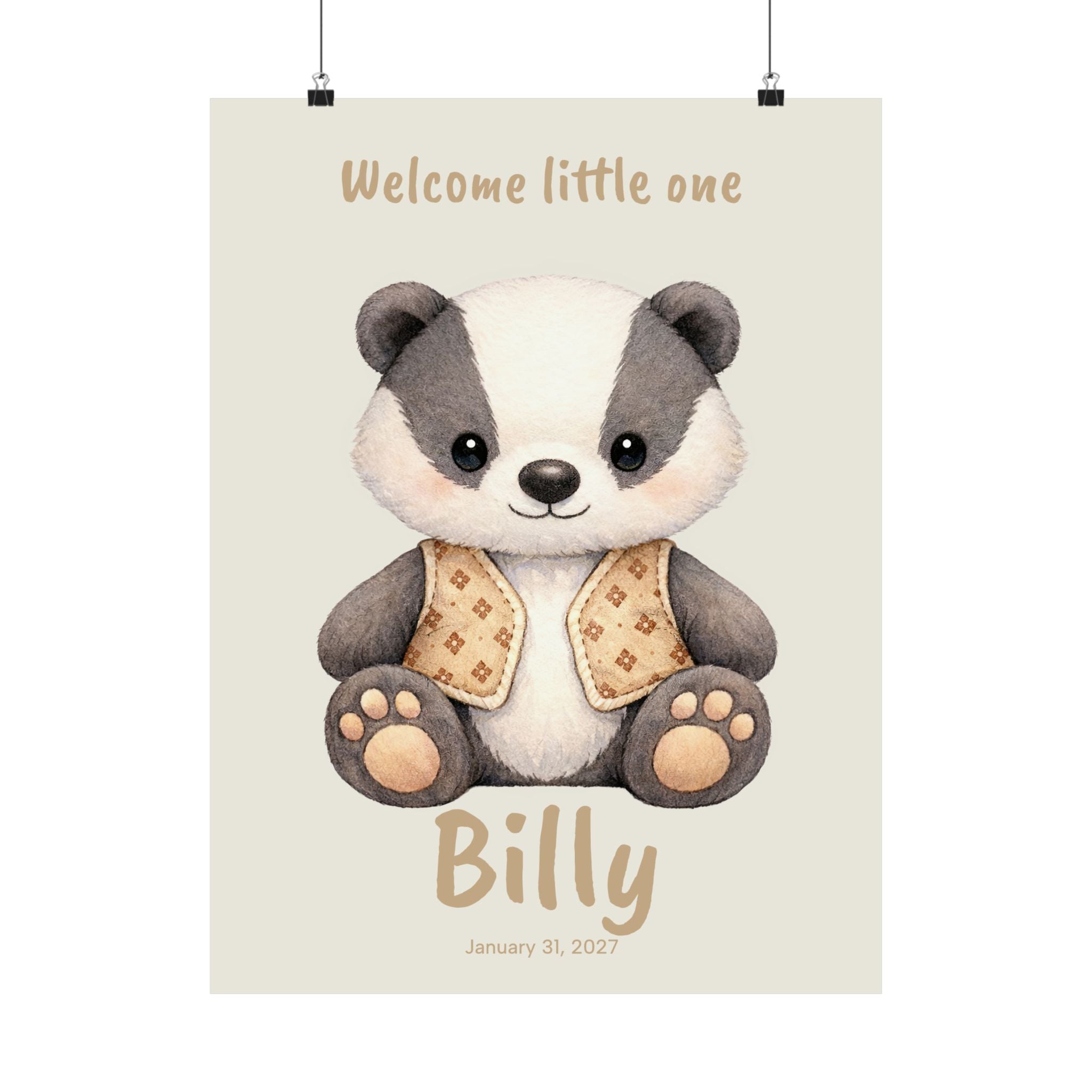 Personalized badger with patterned vest nursery poster, custom baby name and birth date