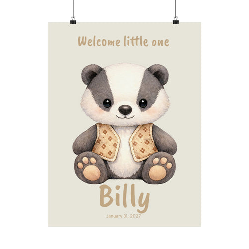 Personalized badger with patterned vest nursery poster, custom baby name and birth date