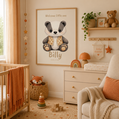 Plush badger baby name poster displayed in woodland nursery room