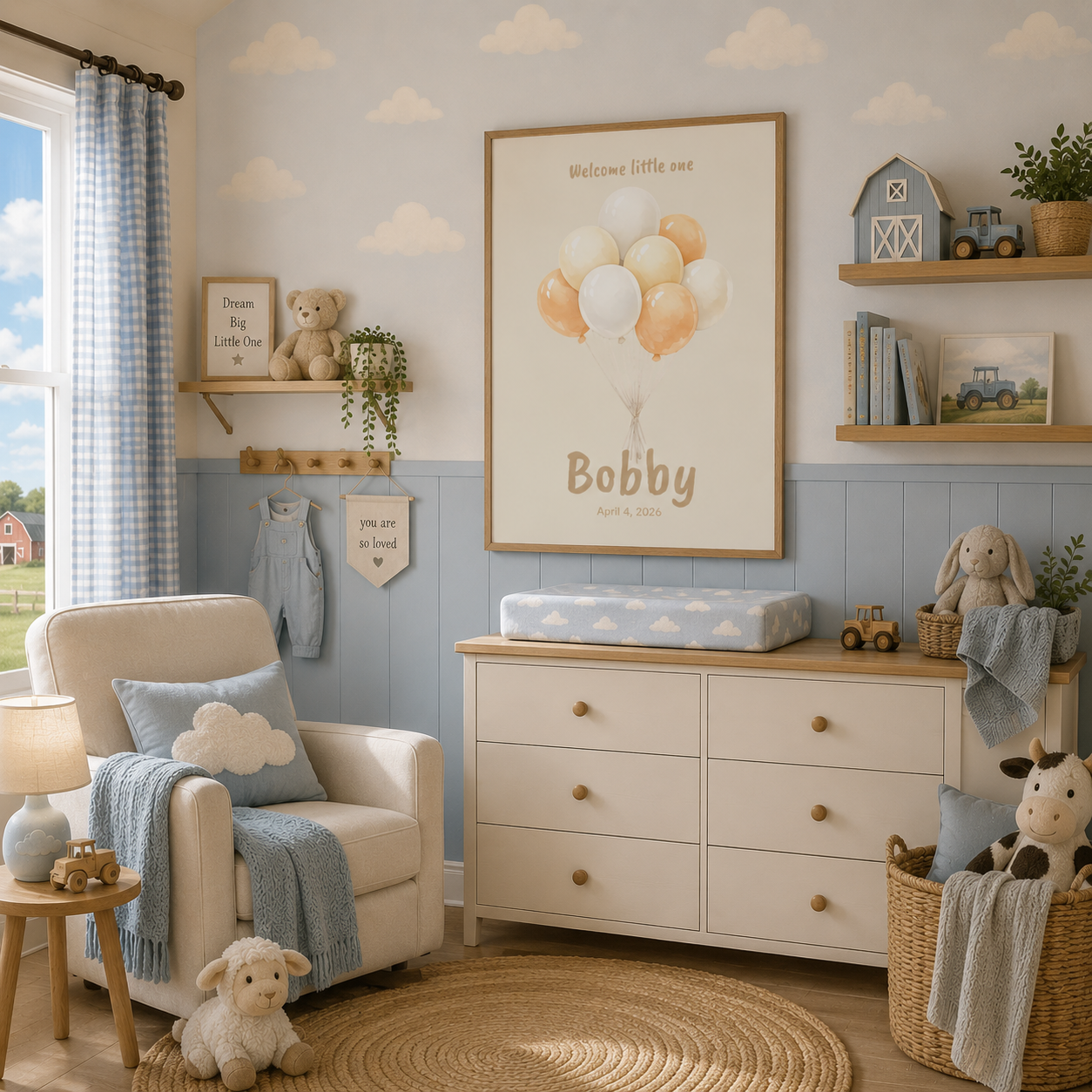 Close-up of balloon bunch poster showing personalized name and birth date