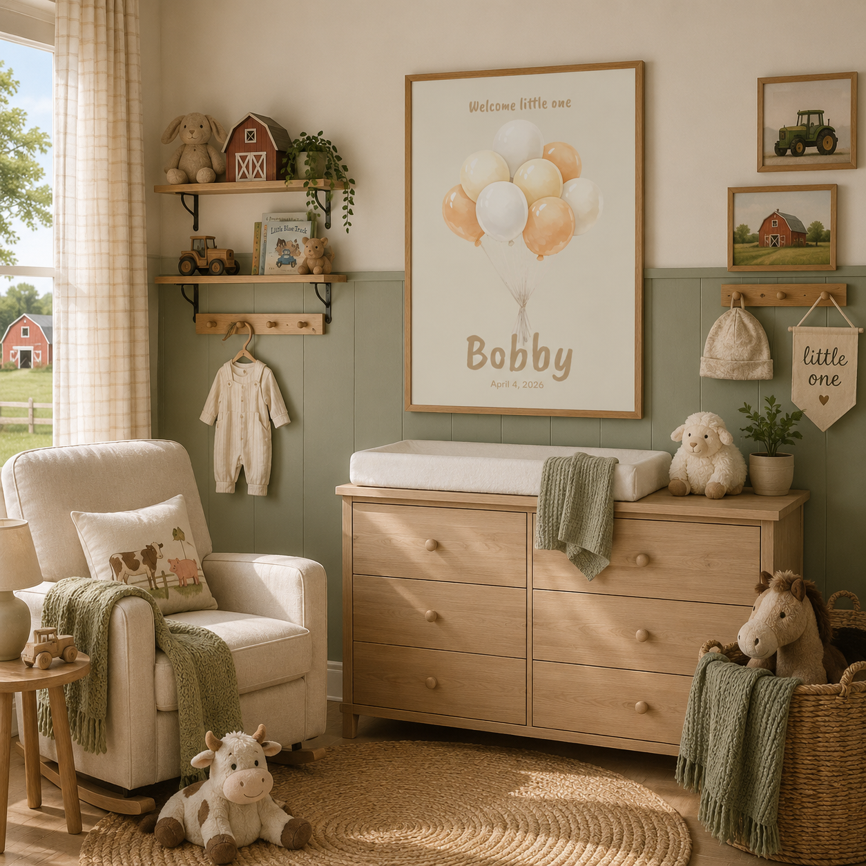 Watercolor balloon bouquet baby name poster in nursery room