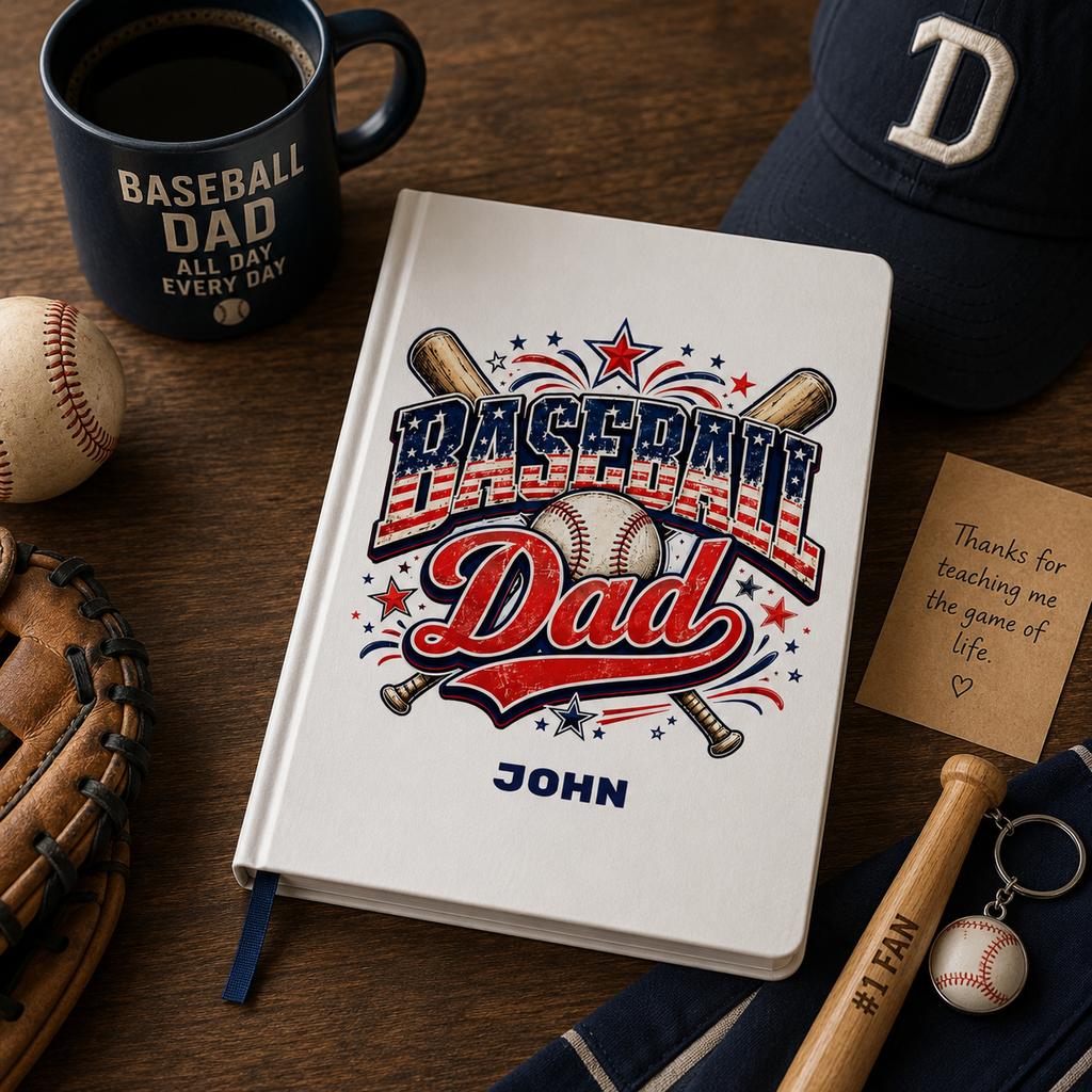 Baseball Dad notebook open flat – casewrap binding and quality 90gsm paper