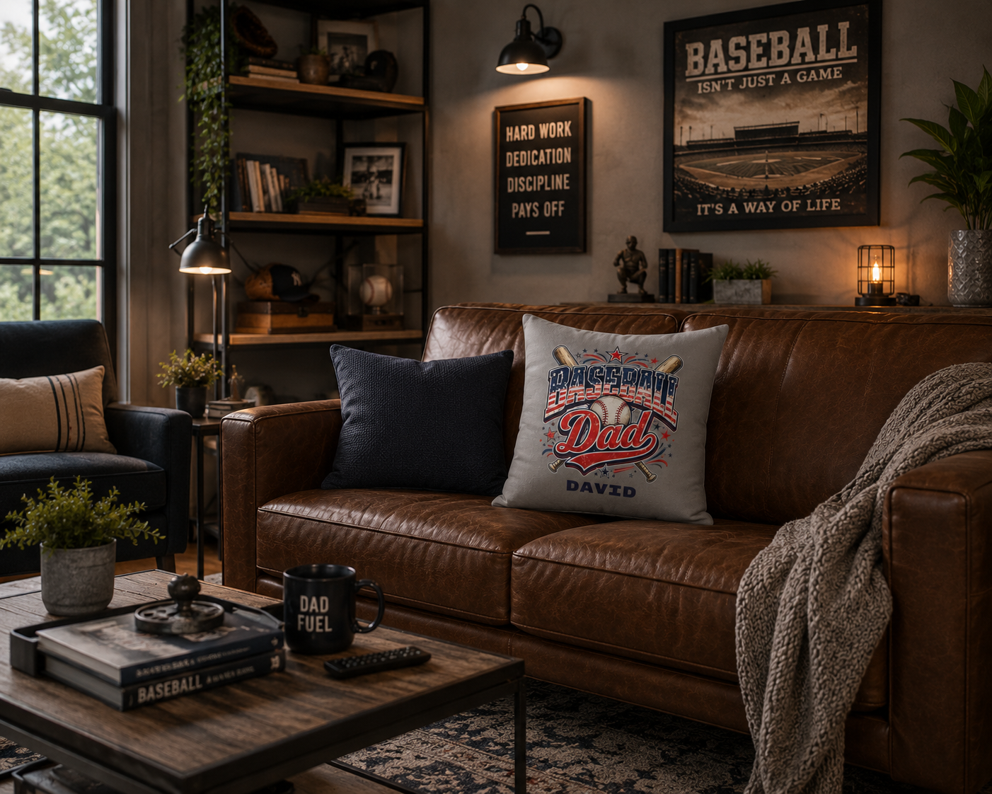 Baseball Dad pillow back view – concealed zipper and double-sided print