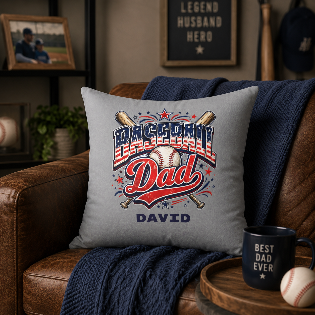 Baseball Dad throw pillow on couch – Father's Day gift for sports dad