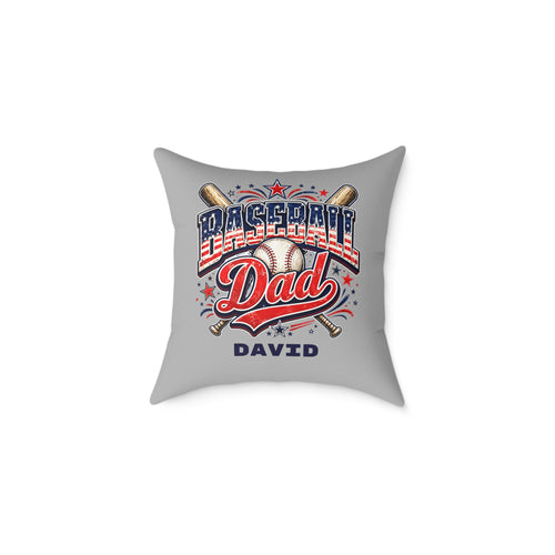 Personalized Baseball Dad pillow – grey canvas with retro patriotic design and custom name