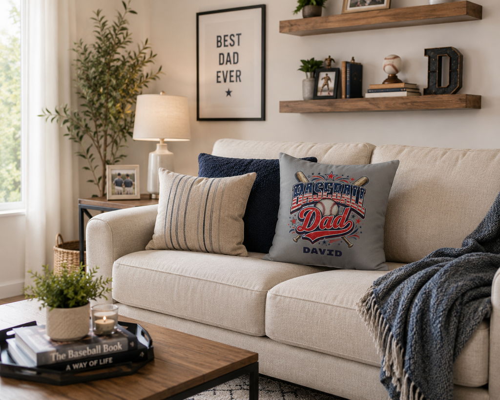 Baseball Dad pillow in man cave decor – personalized sports dad gift