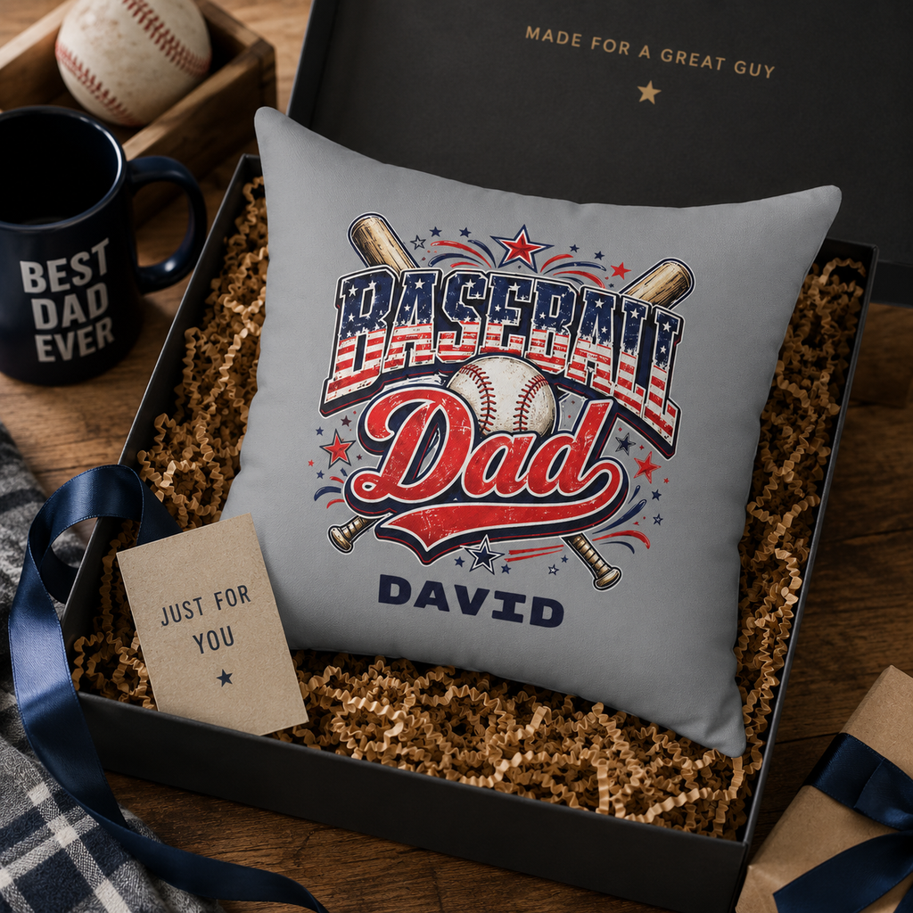 Close-up of Baseball Dad pillow print – red white blue crossed bats and stars with name David