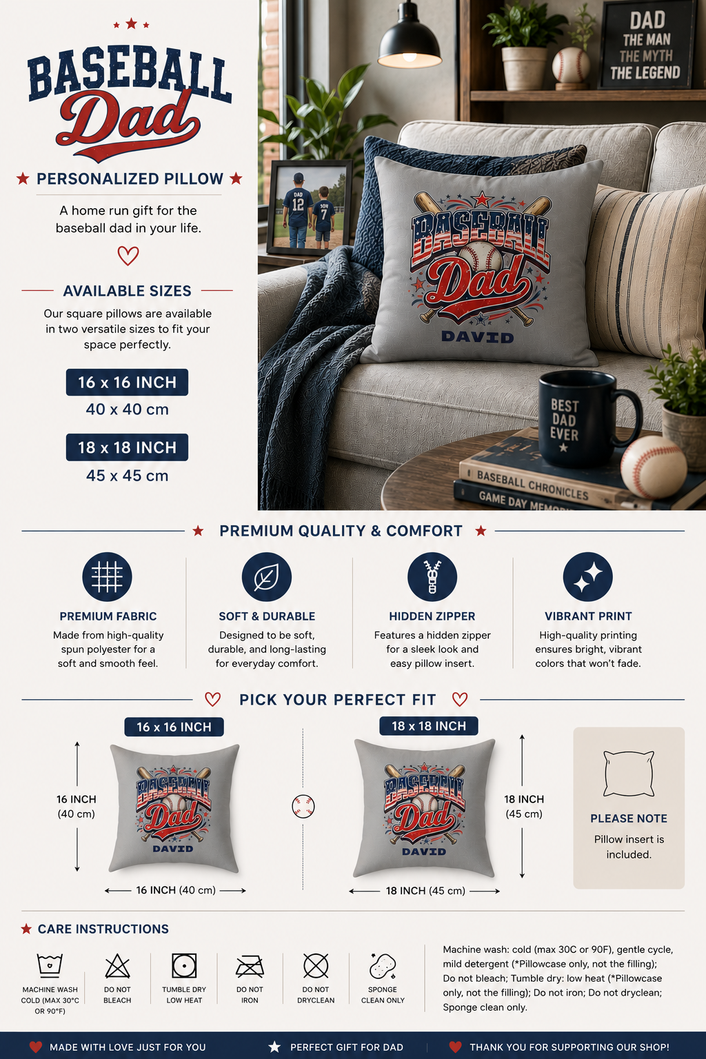 Personalized Baseball Dad pillow size comparison – 16 inch and 18 inch canvas