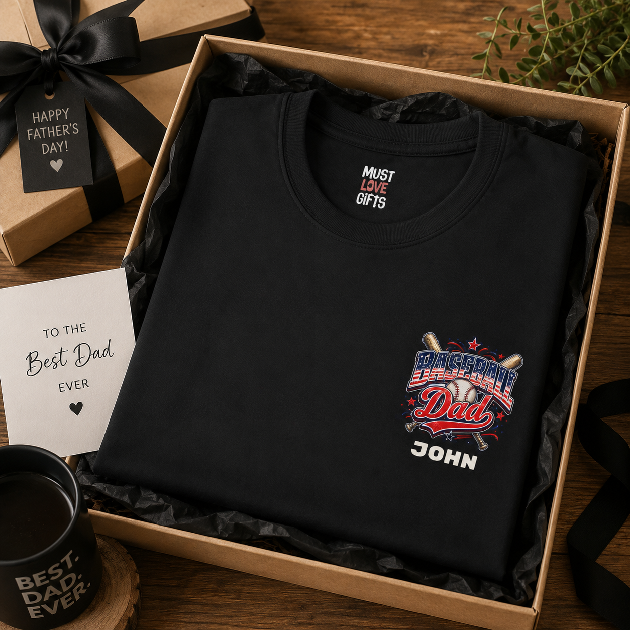 Black Baseball Dad t-shirt flat lay – personalized Father's Day gift