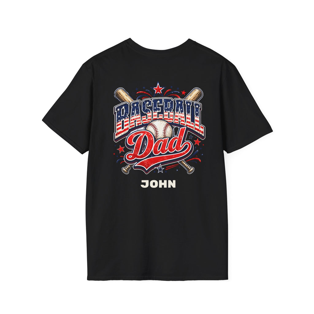 Baseball Dad tee close-up – patriotic red white blue chest print with custom name