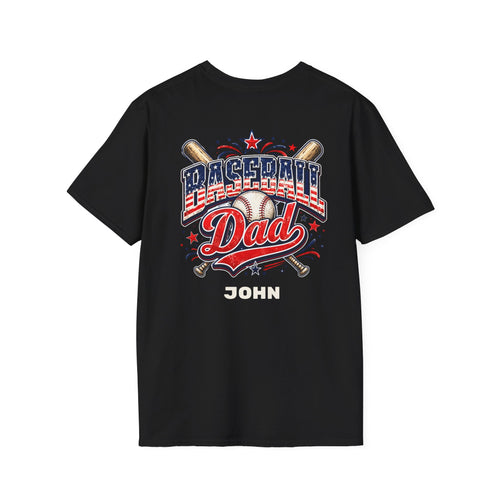 Baseball Dad tee close-up – patriotic red white blue chest print with custom name