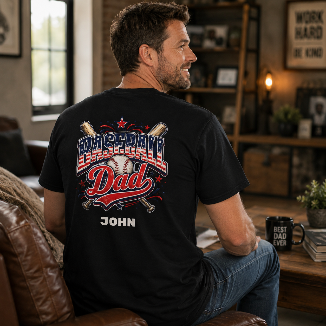 Personalized Baseball Dad tee worn – showing chest logo placement