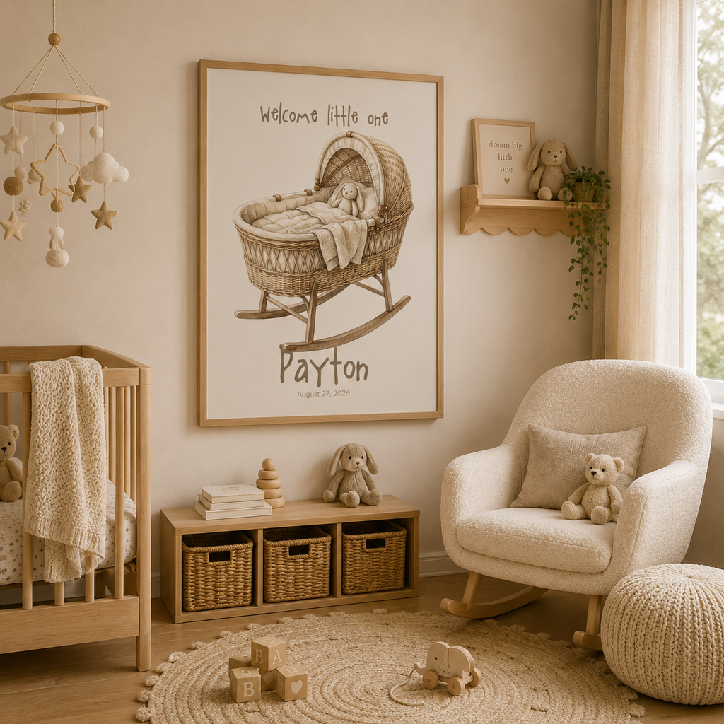 Close-up of personalized bassinet poster showing name and birth date detail