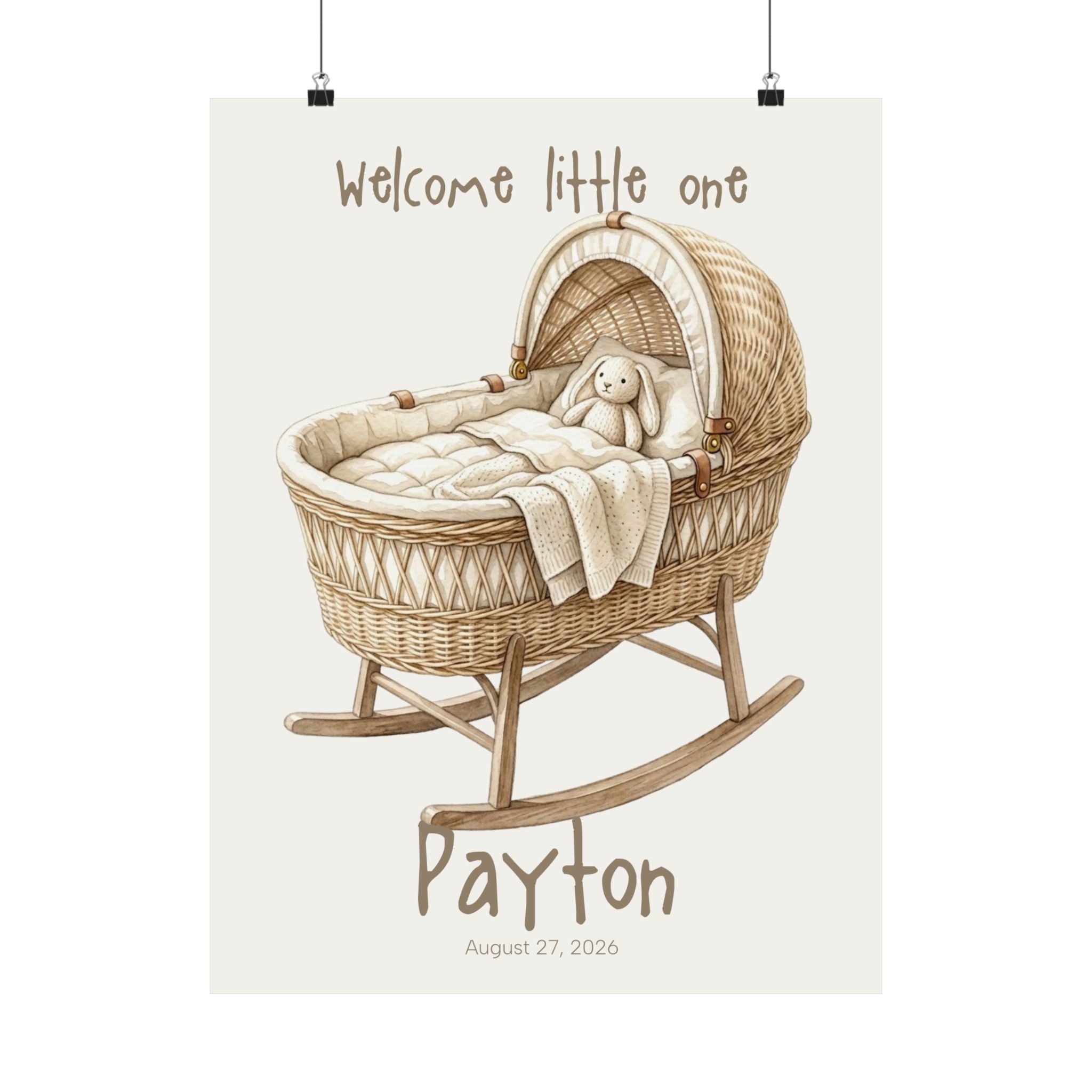 Personalized wicker bassinet nursery poster with custom baby name and birth date
