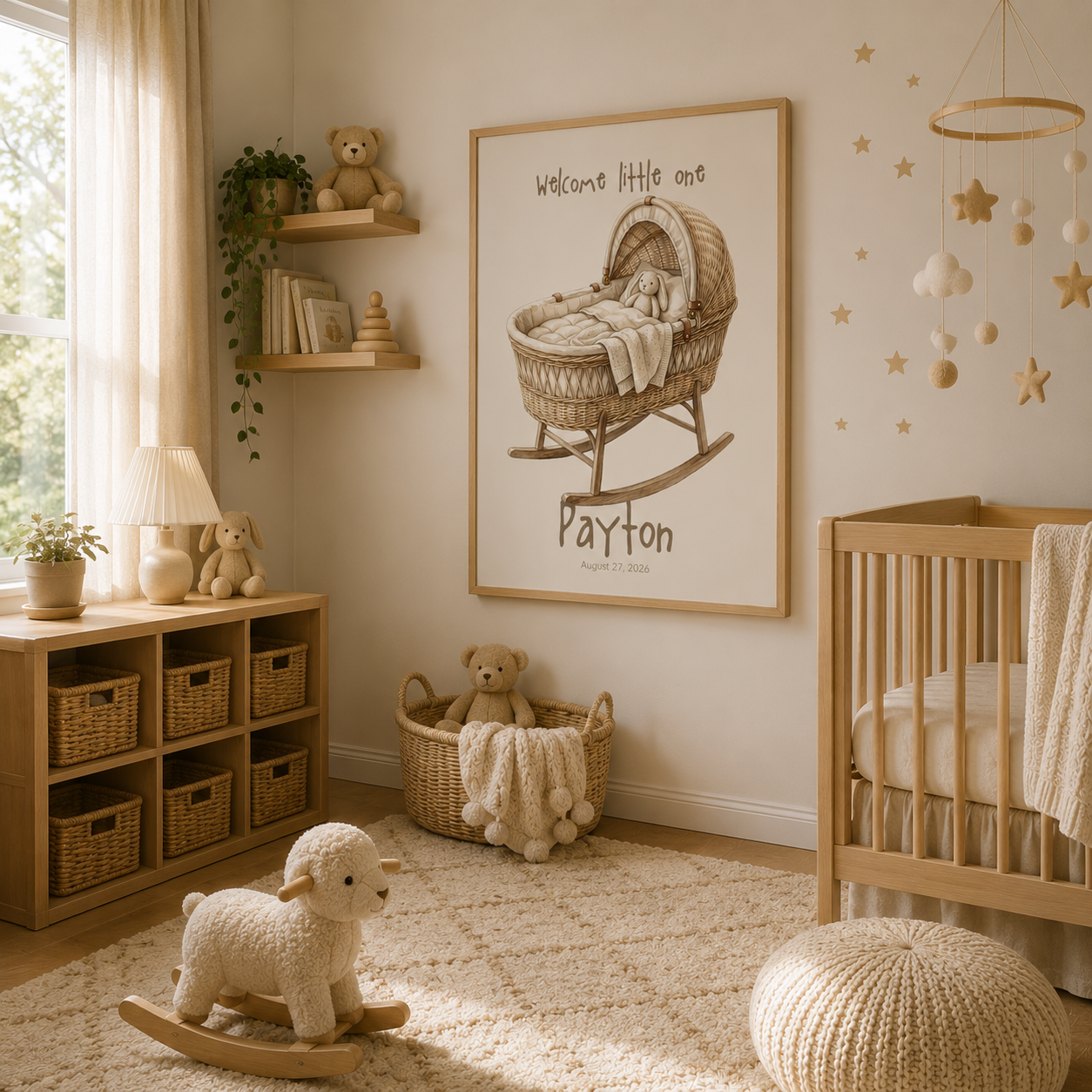 Wicker bassinet baby name poster in nursery room setting