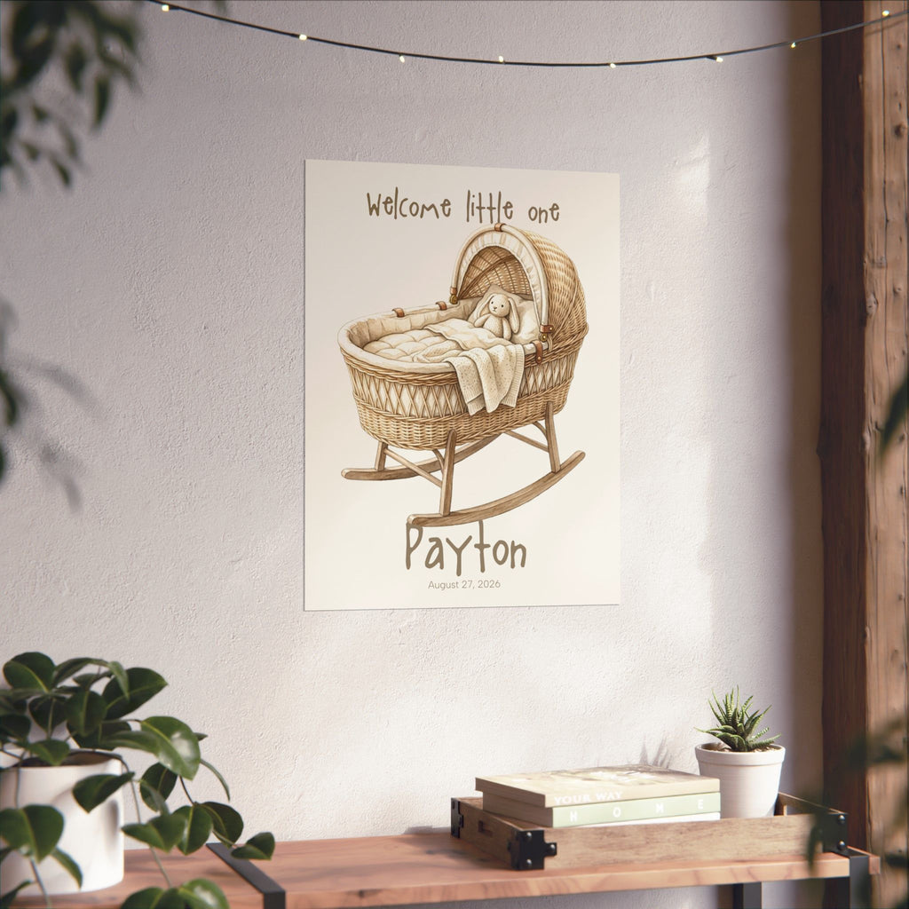 Bassinet nursery art print on wall in baby room