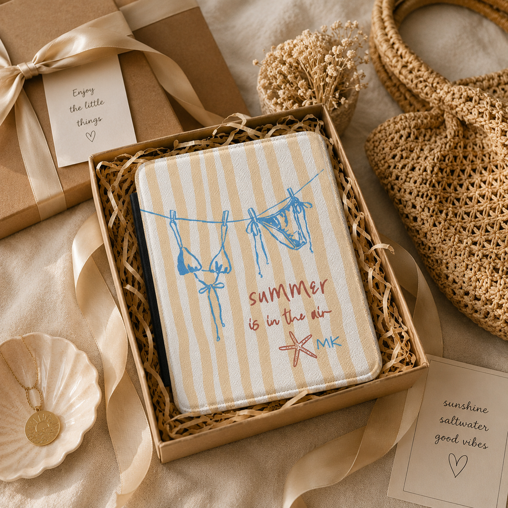 Personalized beach kindle case styled as a wrapped gift