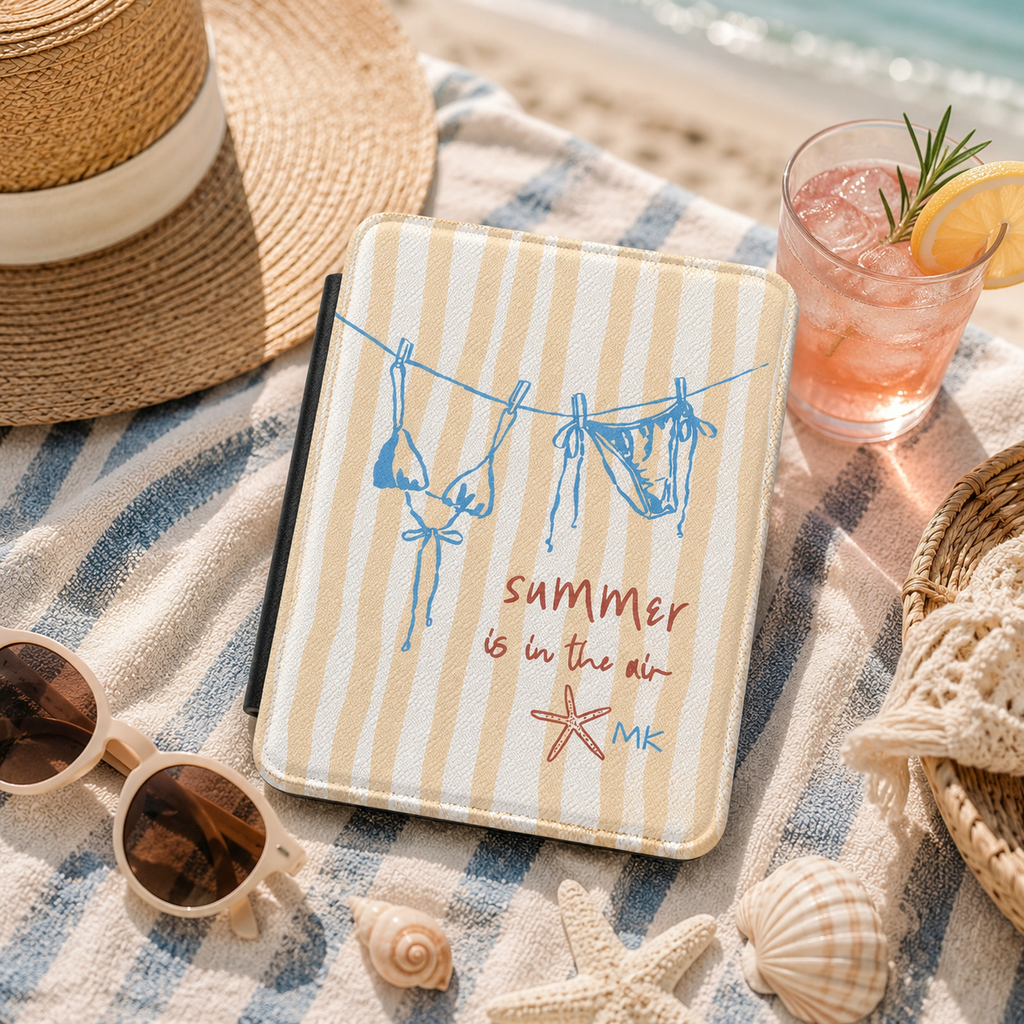 Personalized beach kindle case shown in a lifestyle setting