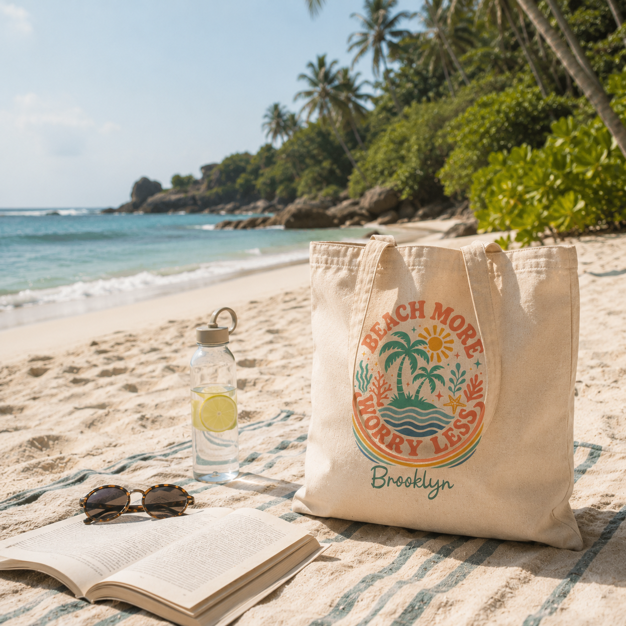 Personalized beach more worry less tote bag shown worn on shoulder, lifestyle photo