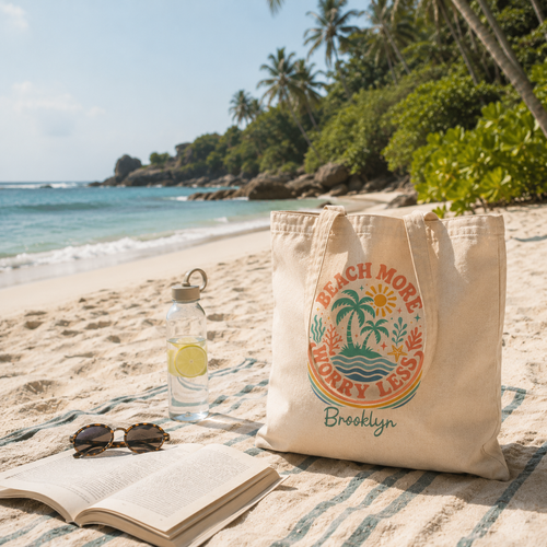 Personalized beach more worry less tote bag shown worn on shoulder, lifestyle photo