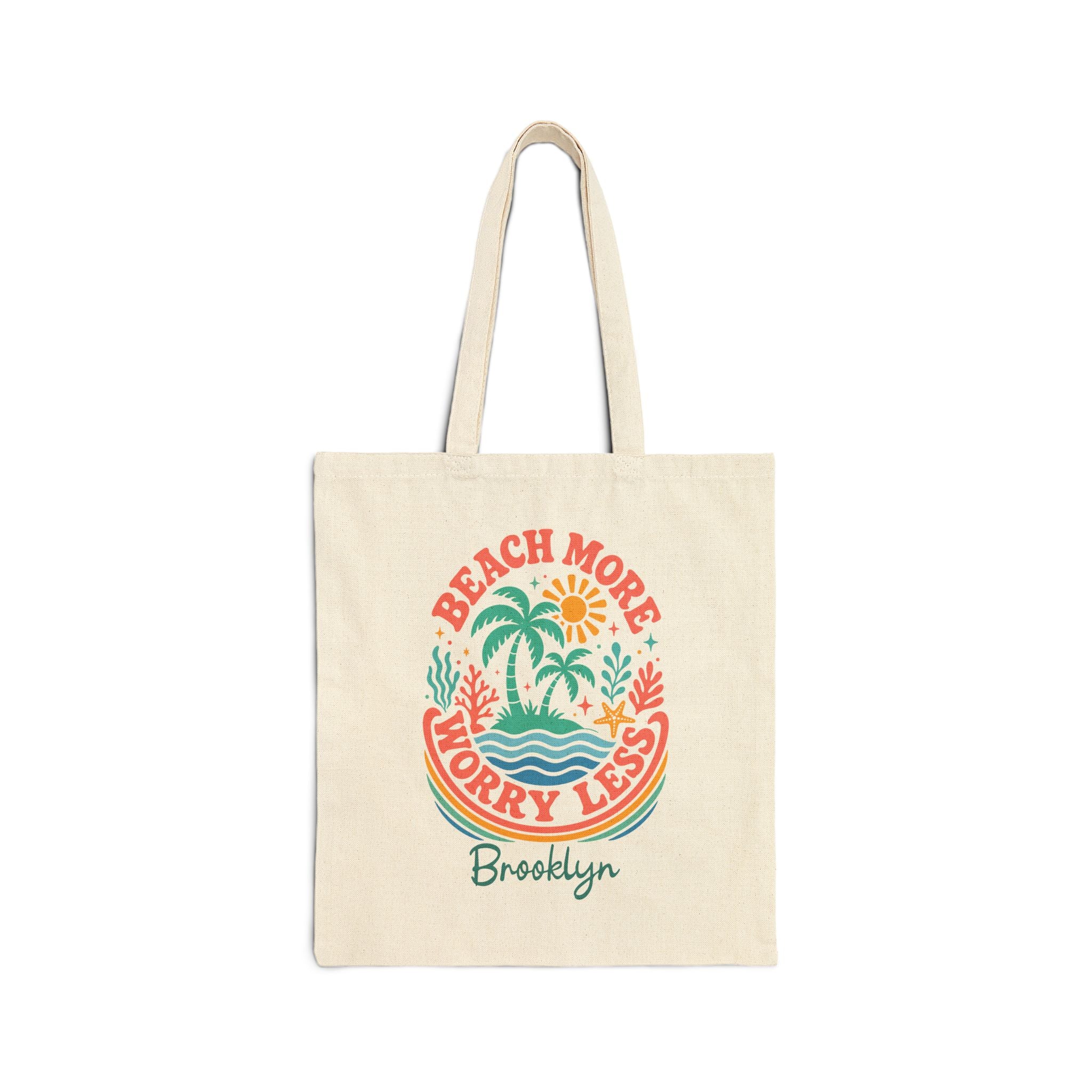Personalized beach canvas tote bag with custom name, beach more worry less palm island design