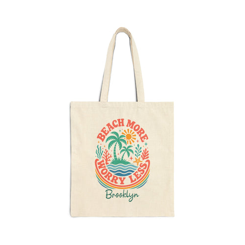 Personalized beach canvas tote bag with custom name, beach more worry less palm island design