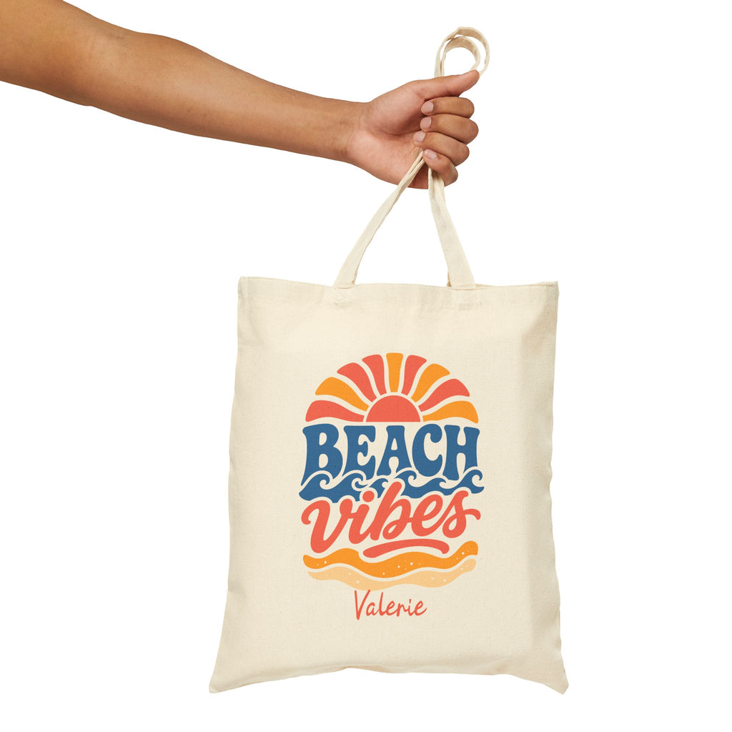 Personalized beach vibes canvas tote bag styled in a home setting