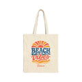Personalized beach vibes canvas tote bag with custom name, sunburst wave design