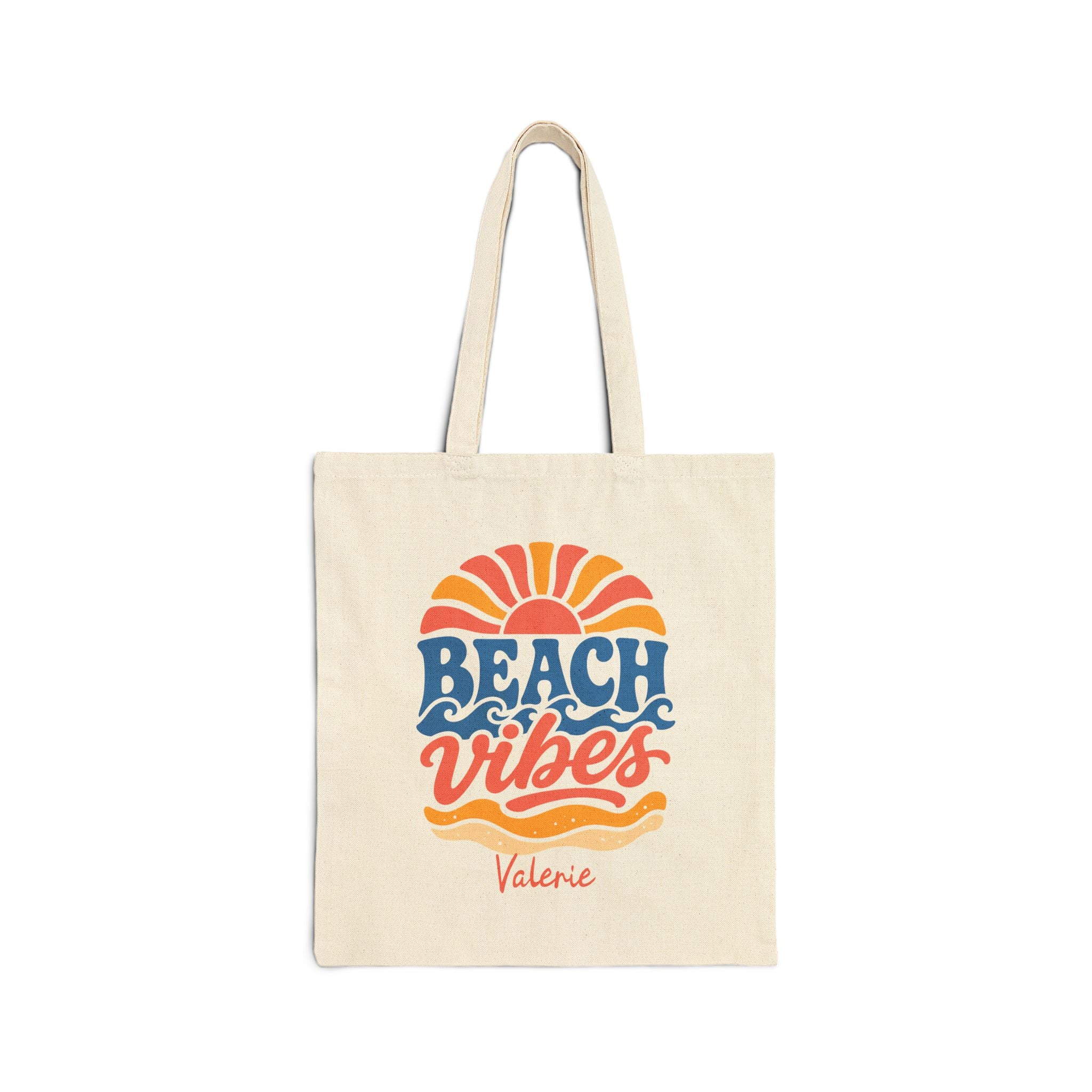 Personalized beach vibes canvas tote bag with custom name, sunburst wave design
