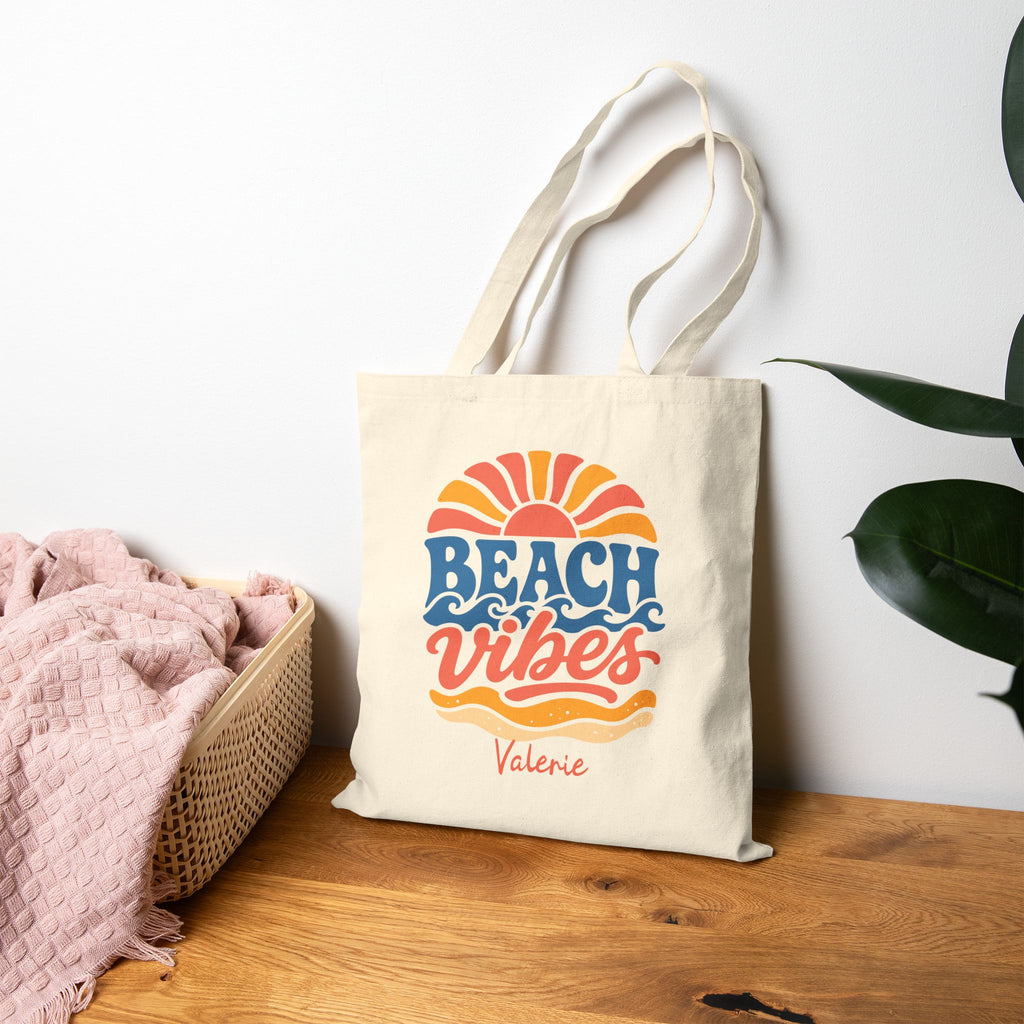 Personalized beach vibes canvas tote bag size and dimensions reference
