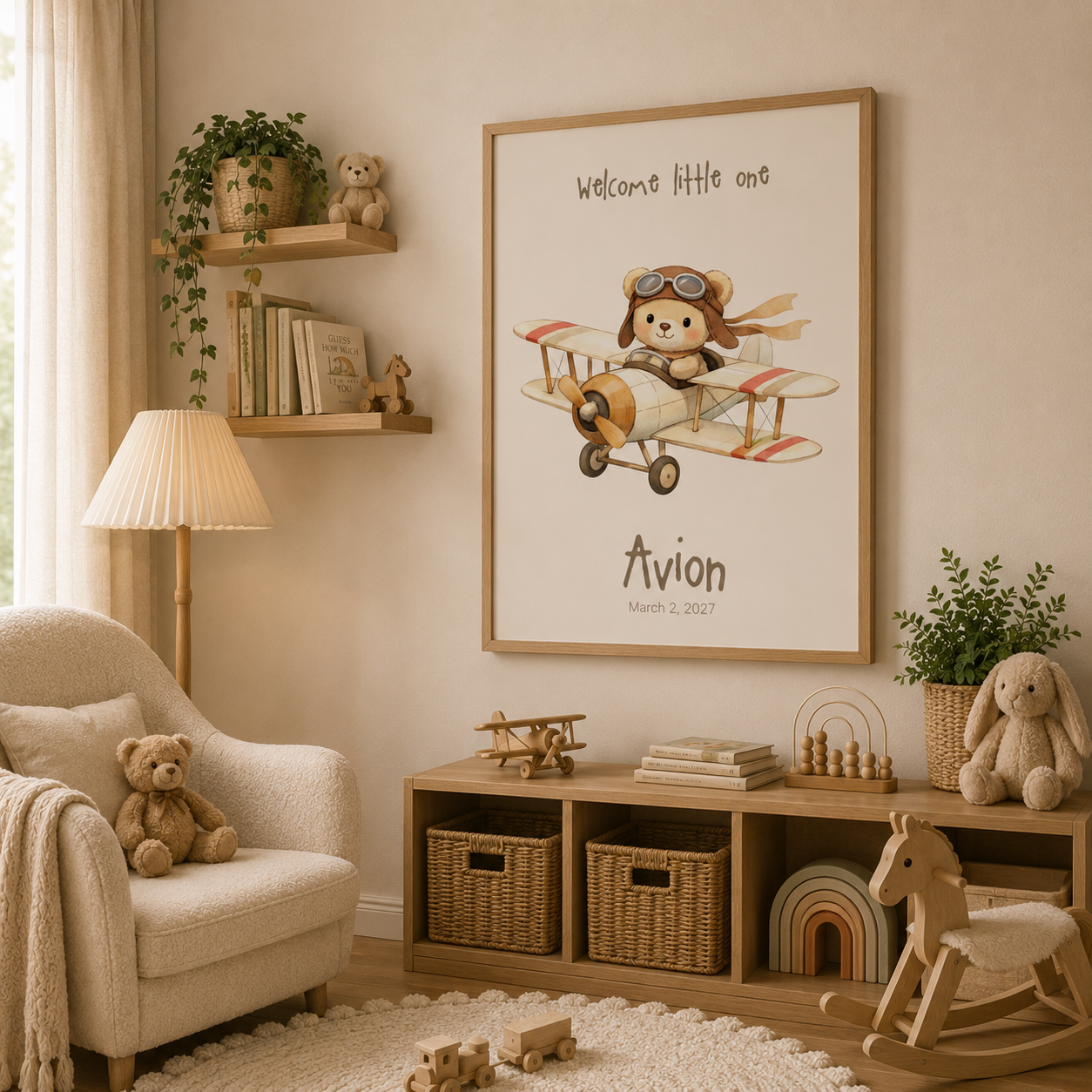 Close-up of aviator bear poster showing personalized name and birth date