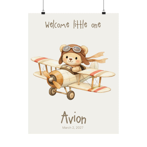 Personalized bear aviator nursery poster with vintage biplane, custom baby name and birth date