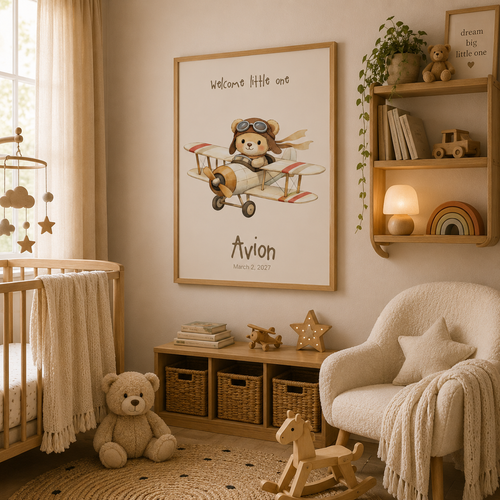 Teddy bear pilot in biplane baby name poster displayed in adventure nursery