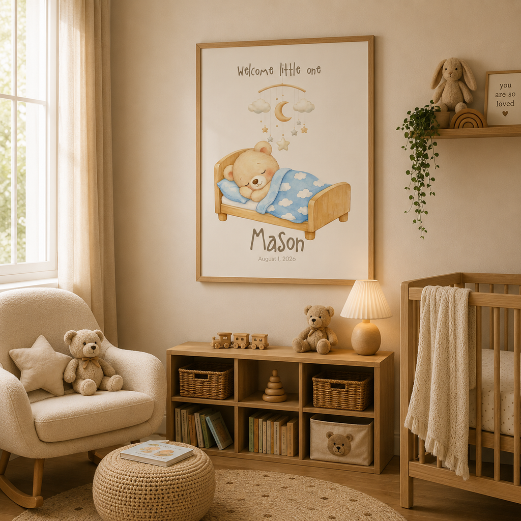 Close-up of bear bed mobile poster showing personalized name and birth date