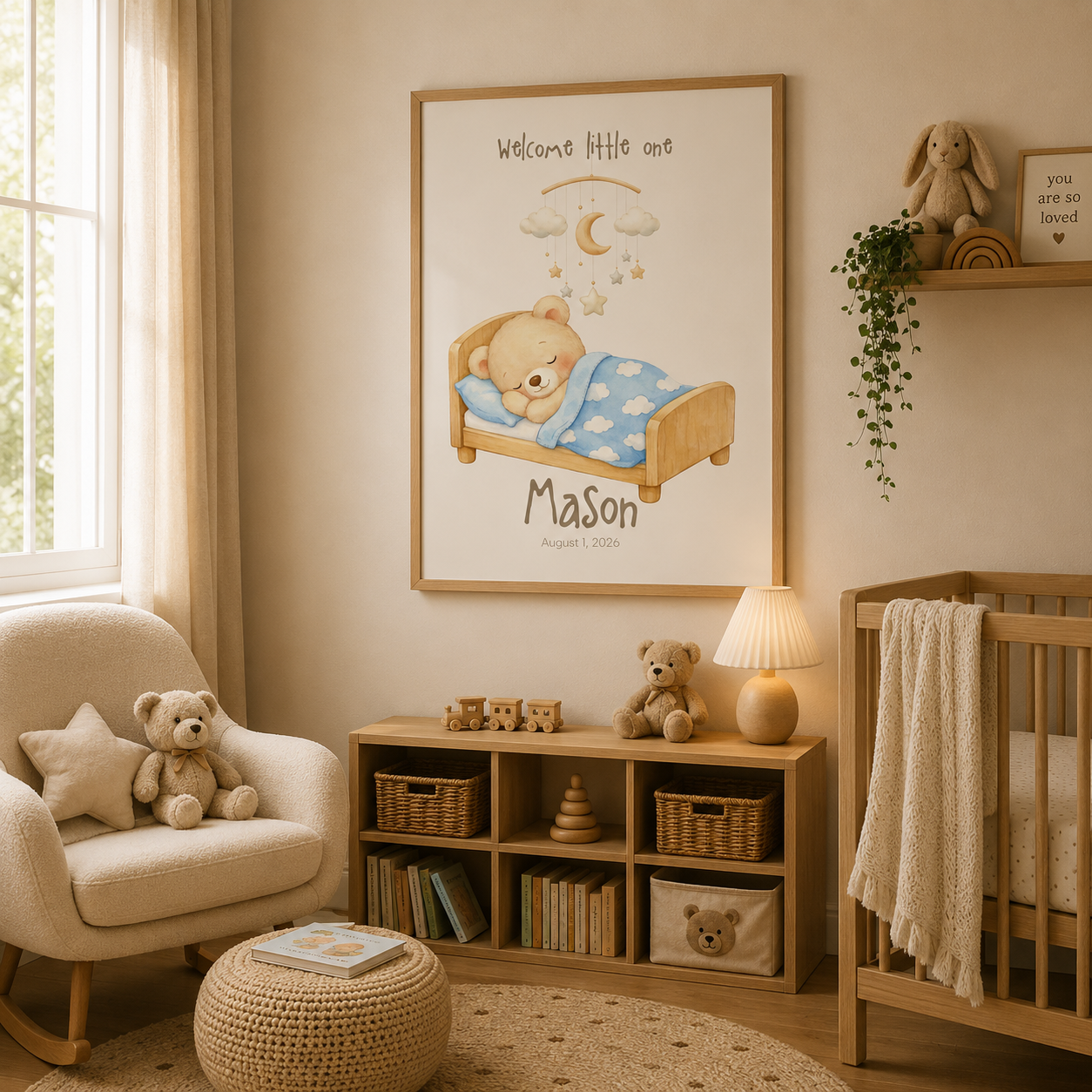 Close-up of bear bed mobile poster showing personalized name and birth date